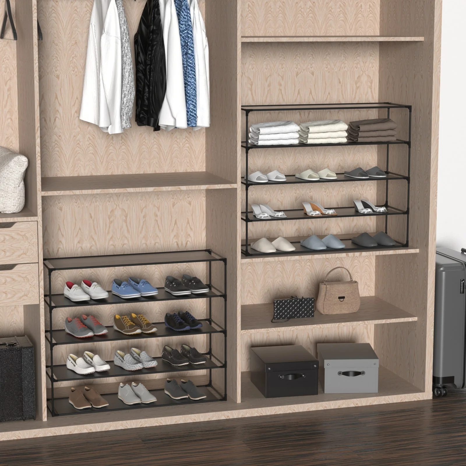 Shoe Rack Detachable Non-Woven Waterproof Fabric Shoe Organizer Tower Black Set of 2