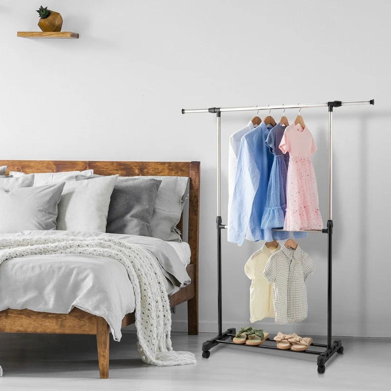 Single/Dual-bar Vertical & Horizontal Stretching Stand Clothes Rack with Shoe Shelf