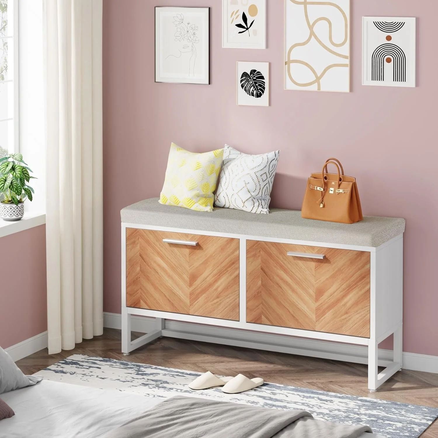 Shoe Storage Bench with Cushion, Entryway Shoe Bench with 2 Flip Drawers