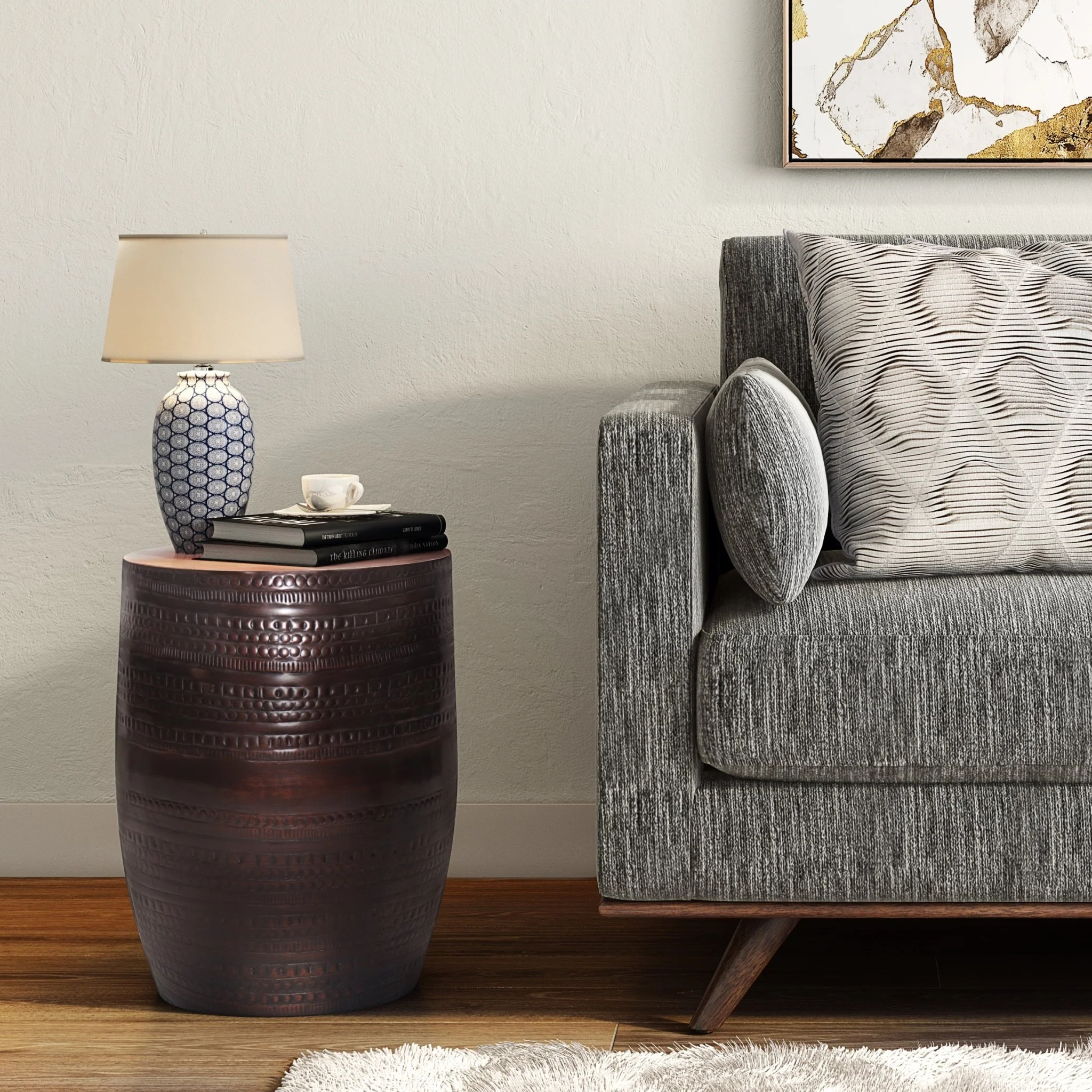 Heights Solid Metal Drum-Shaped Accent Table with Distinctive Texture