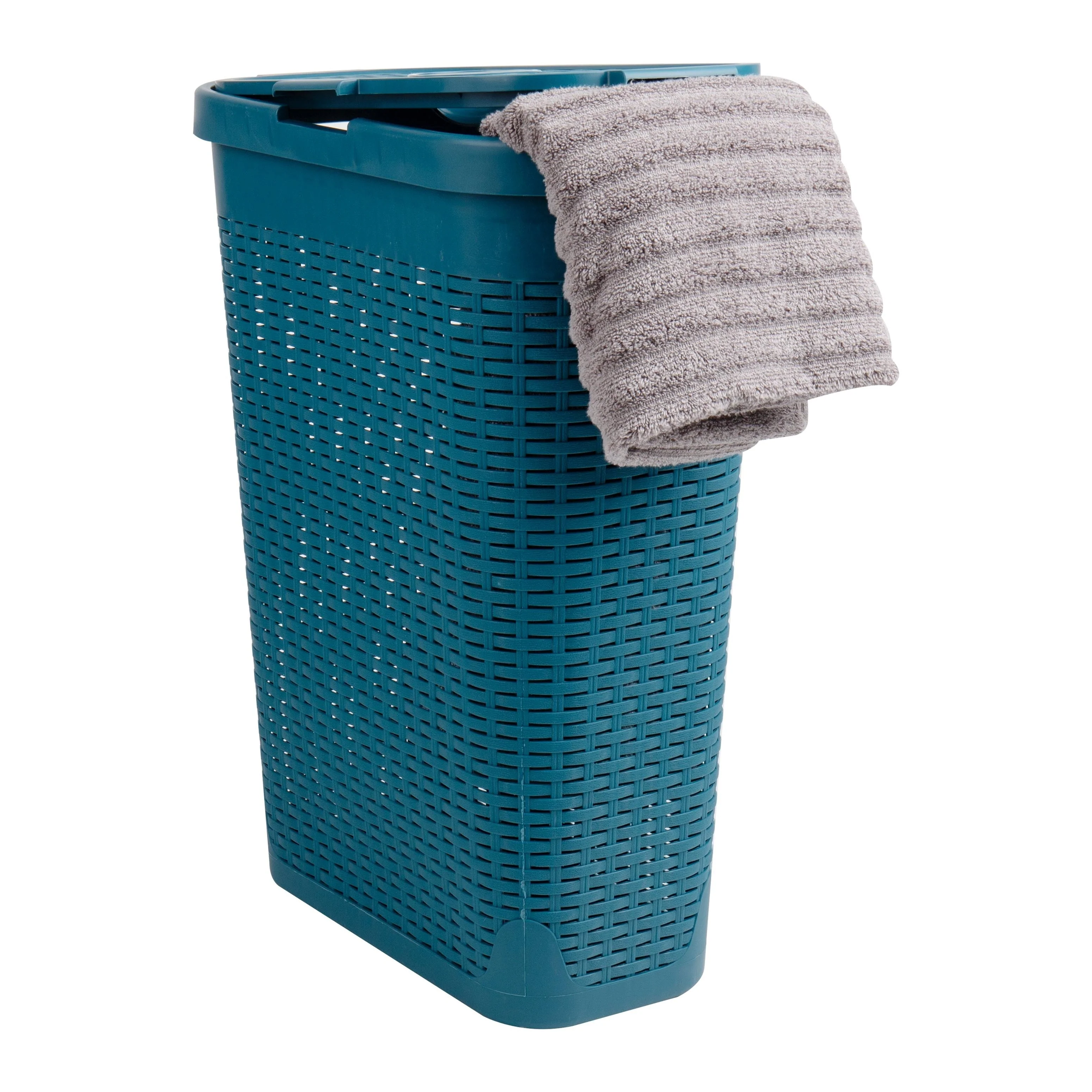 Mind Reader 40L Slim Laundry Hamper, Clothes Basket, Lid, Wicker Design, Plastic, 18