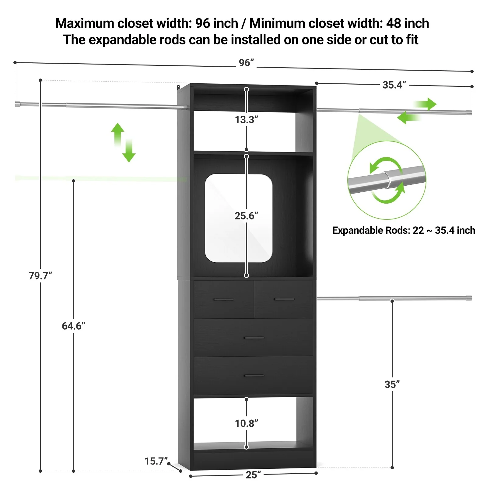 96'' W Closet System with Mirror, 8FT Walk-in Closet Organizer Kits with 4 Wooden Drawers ＆ 3 Extendable Hanging Rods