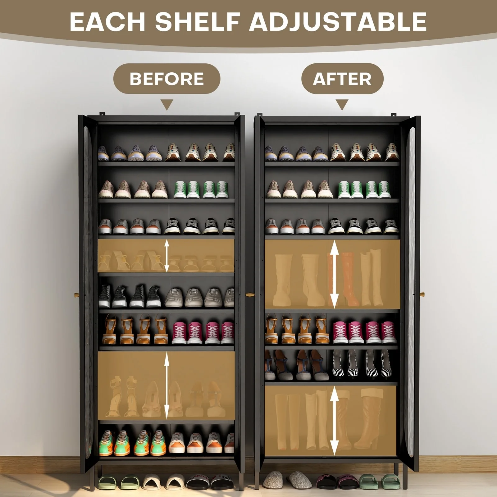 9-Tier Shoe Storage Cabinet with Glass Doors & Adjustable Shelves - 67