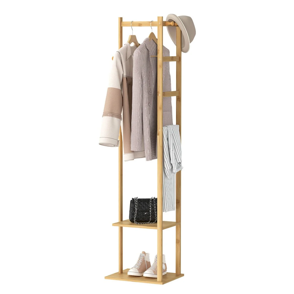 4 in 1 Bamboo Freestanding Entryway Coat Rack Stand with Storage Hooks - N/A