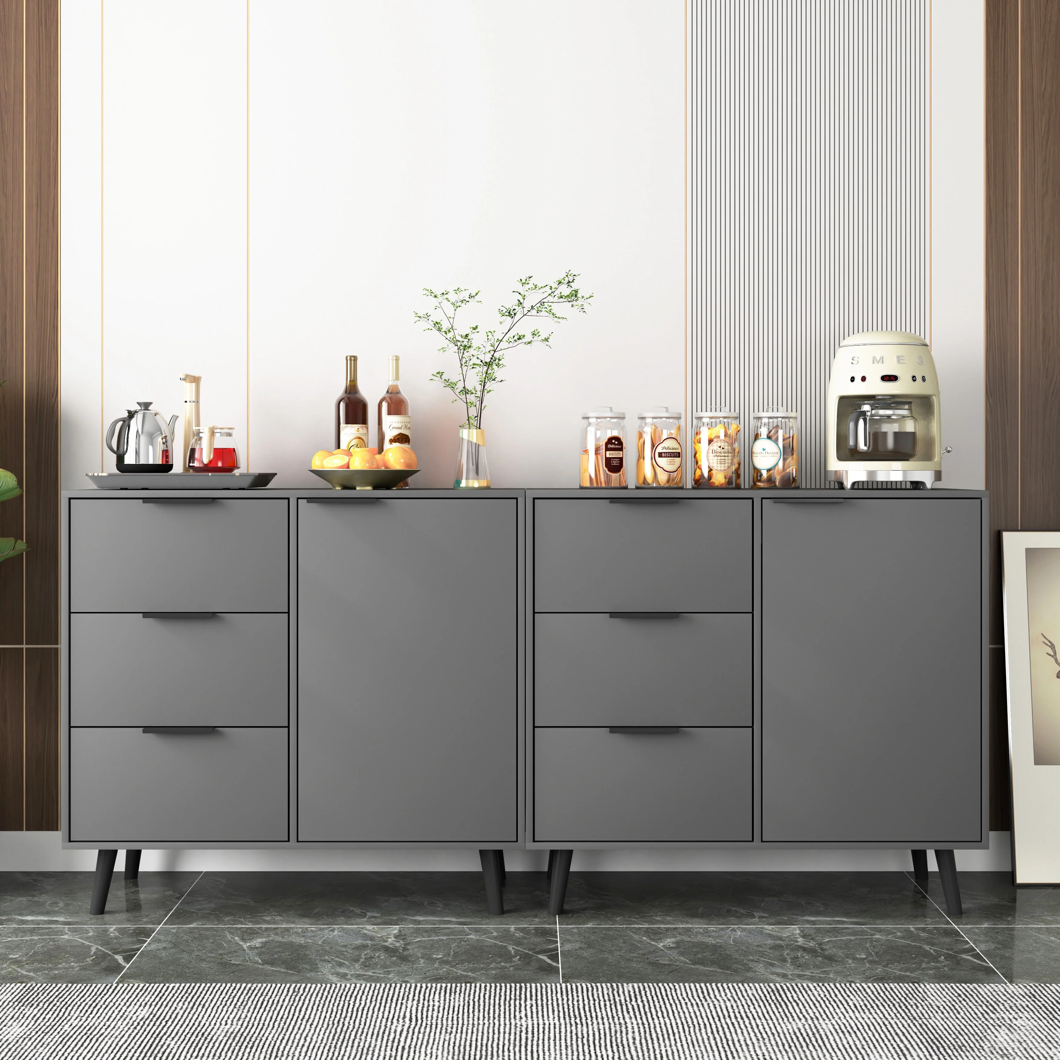 Sideboard Buffet Cabinet with Storage, Wood Coffee Bar Cabinet with Drawers & Doors