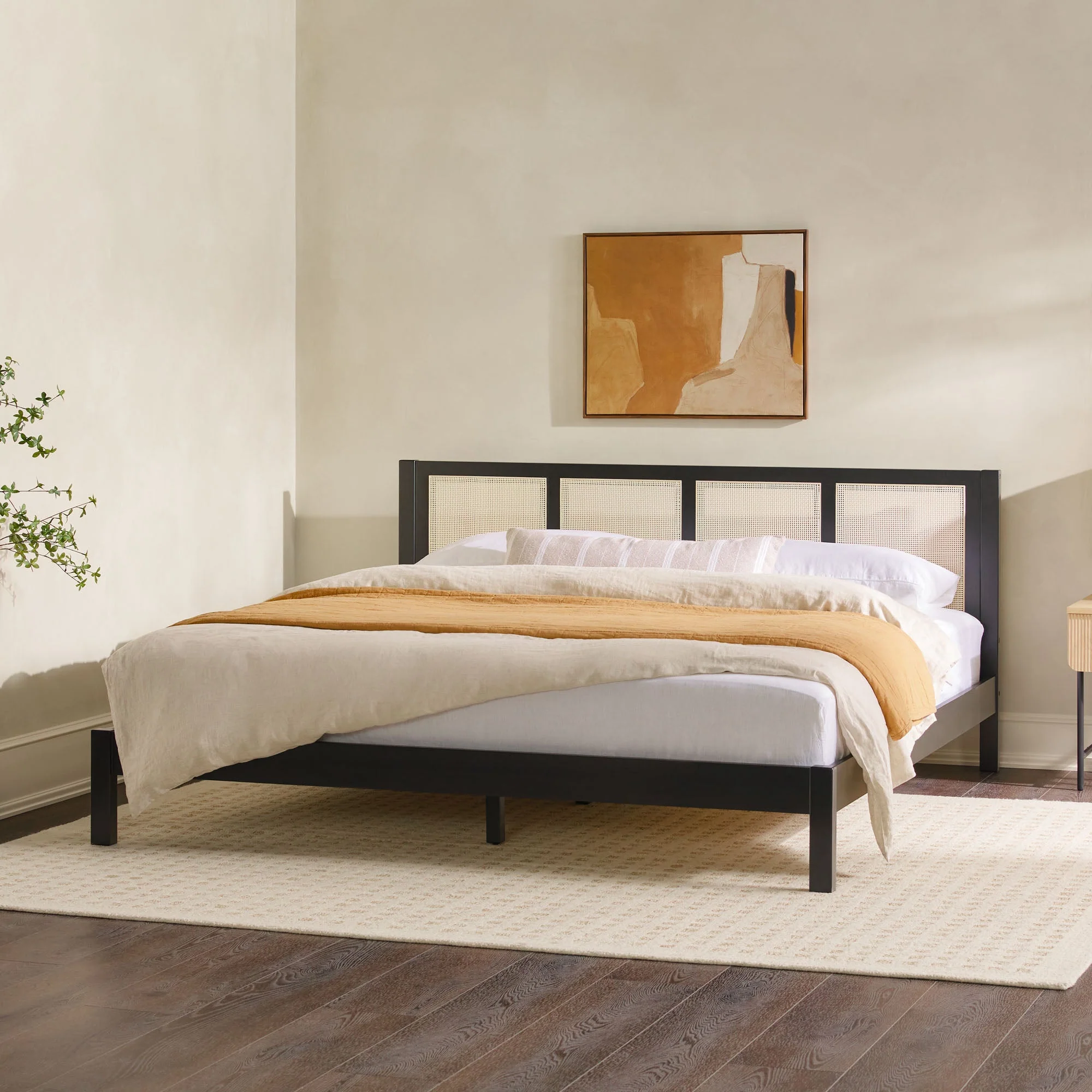 Solid Wood King Bed with Rattan Panel Headboard
