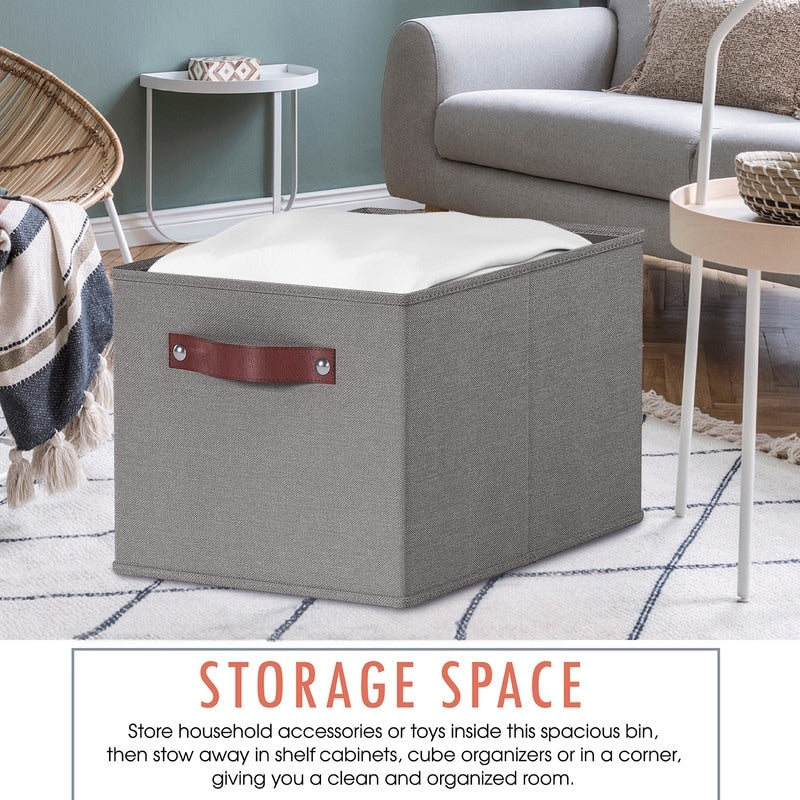 3 Pack Collapsible Shelf Basket Rectangle Storage Bins with Faux Leather Handles