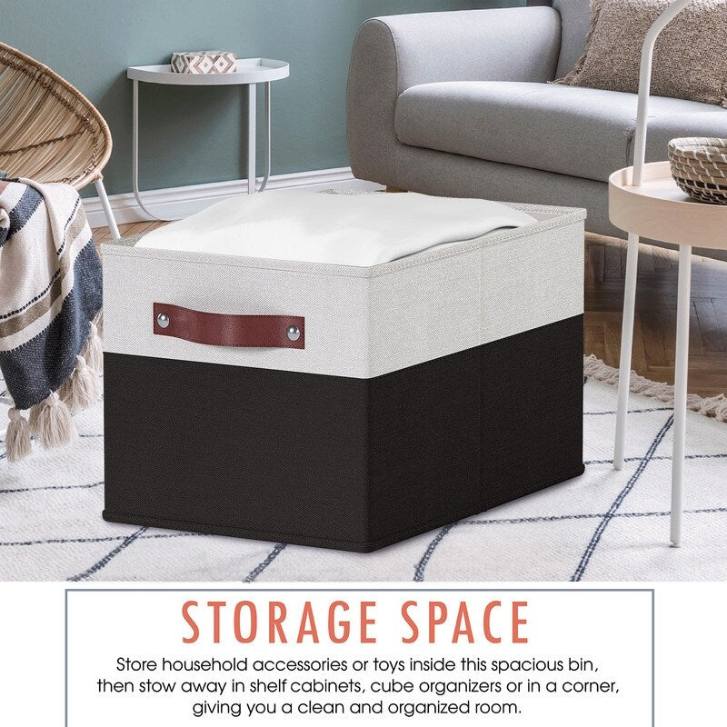 3 Pack Collapsible Shelf Basket Rectangle Storage Bins with Faux Leather Handles