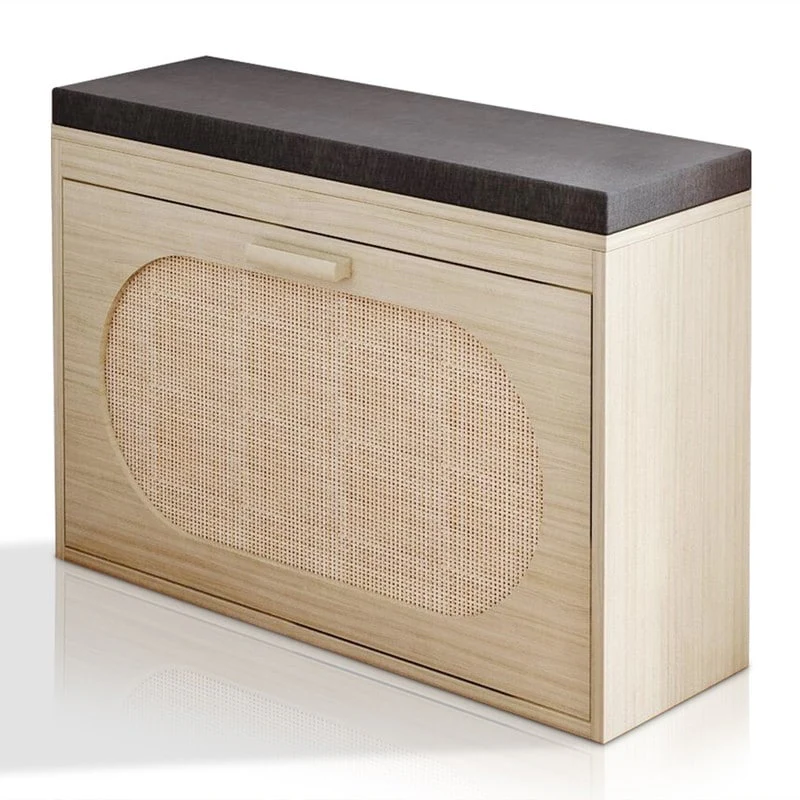 Rattan Shoe Rack Hallway Shoes Srorage Bench with Flip-Drawer and Seat Cushion