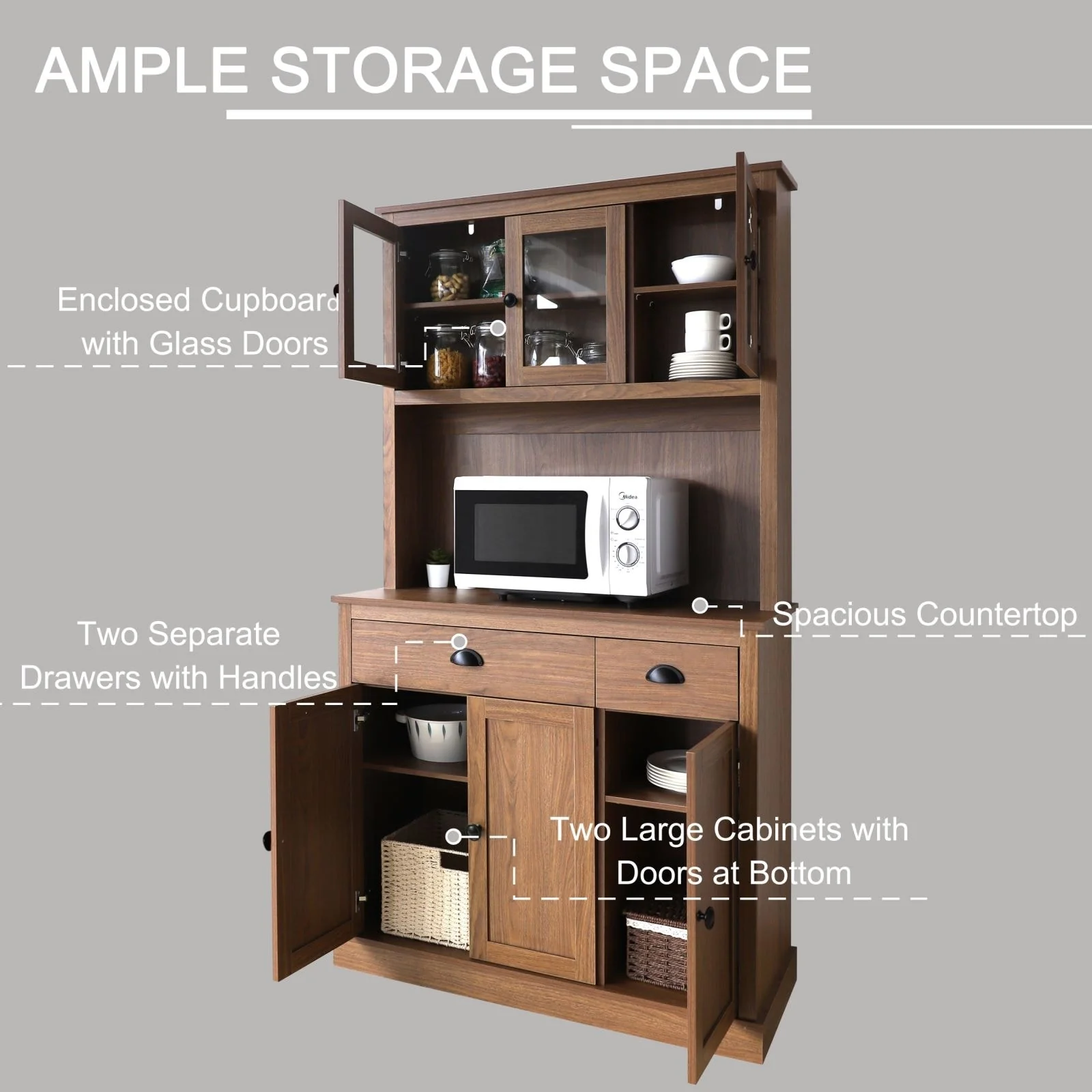 VEIKOUS Kitchen Pantry Storage Cabinet Cupboard with Framed Glass Door and Drawer