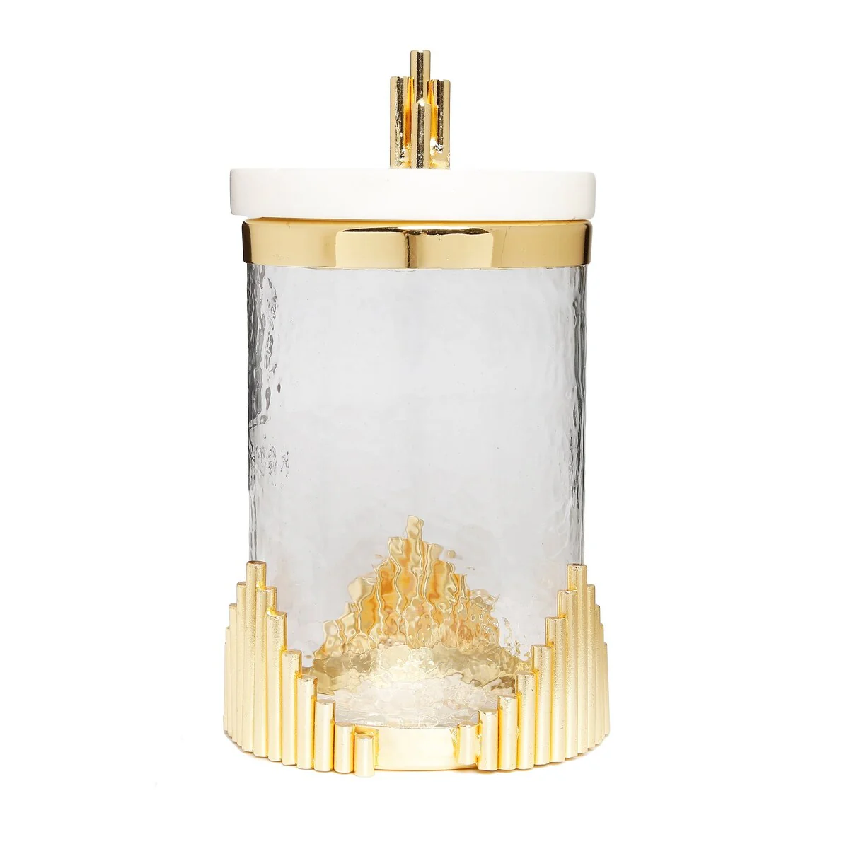 Large Glass Canister with Marble Lid and Symmetrical Gold Design