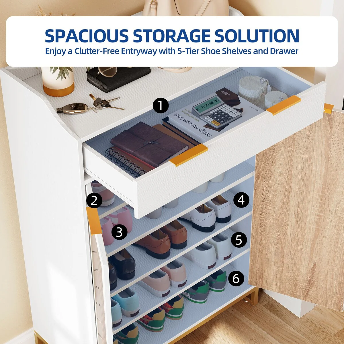 Moasis 5-Shelf Wooden Shoe Storage Cabinet wiith Drawer and Shelves for Entryway Living Room