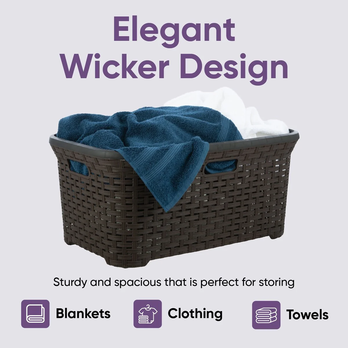 Superio Large Wicker Laundry Basket with Cutout Carry Handles - Capacity: 50l