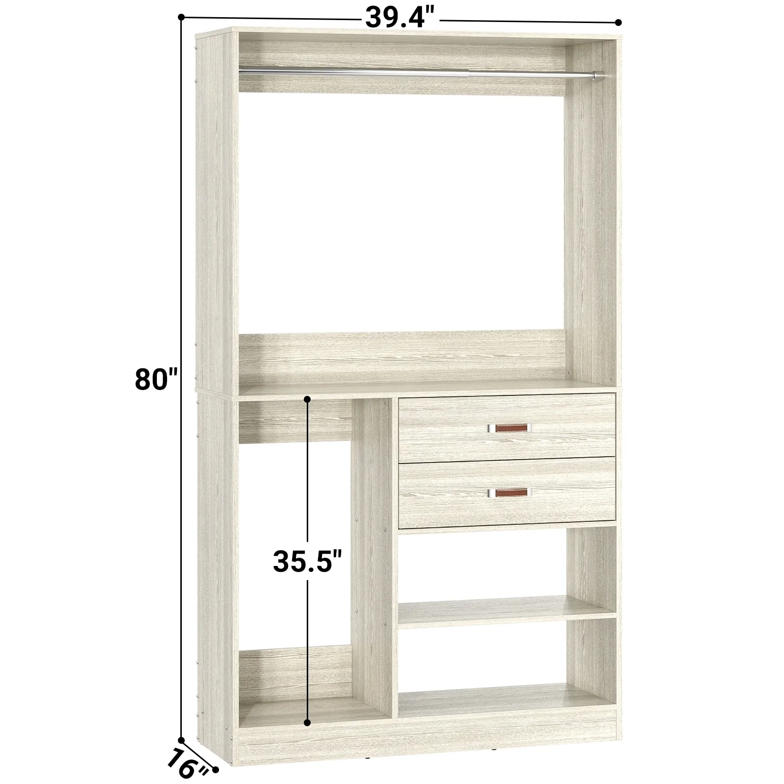 Vryon 40''W Freestanding Closet Organizer with Hanging Rod, Closet System Wardrobe with Wood Drawers