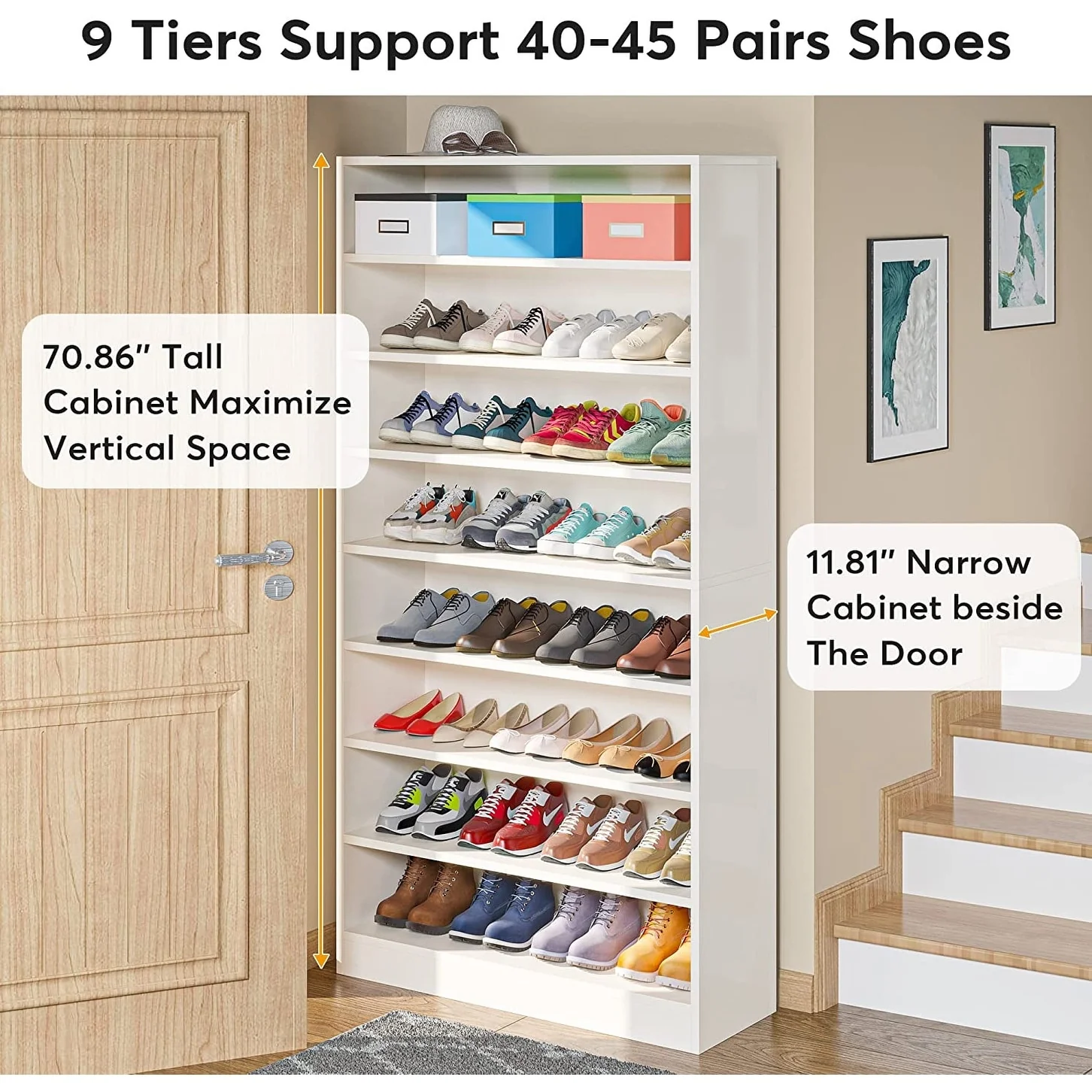 9 Tiers 40-45 Pairs Heavy Duty Wood Freestanding Shoe Storage Cabinet