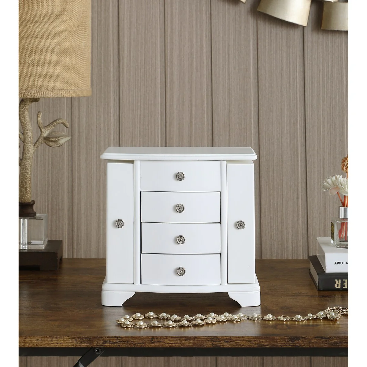 Snow White Wood Jewelry Box with 3 Drawers and 2 doors - 6*10*9.5inch