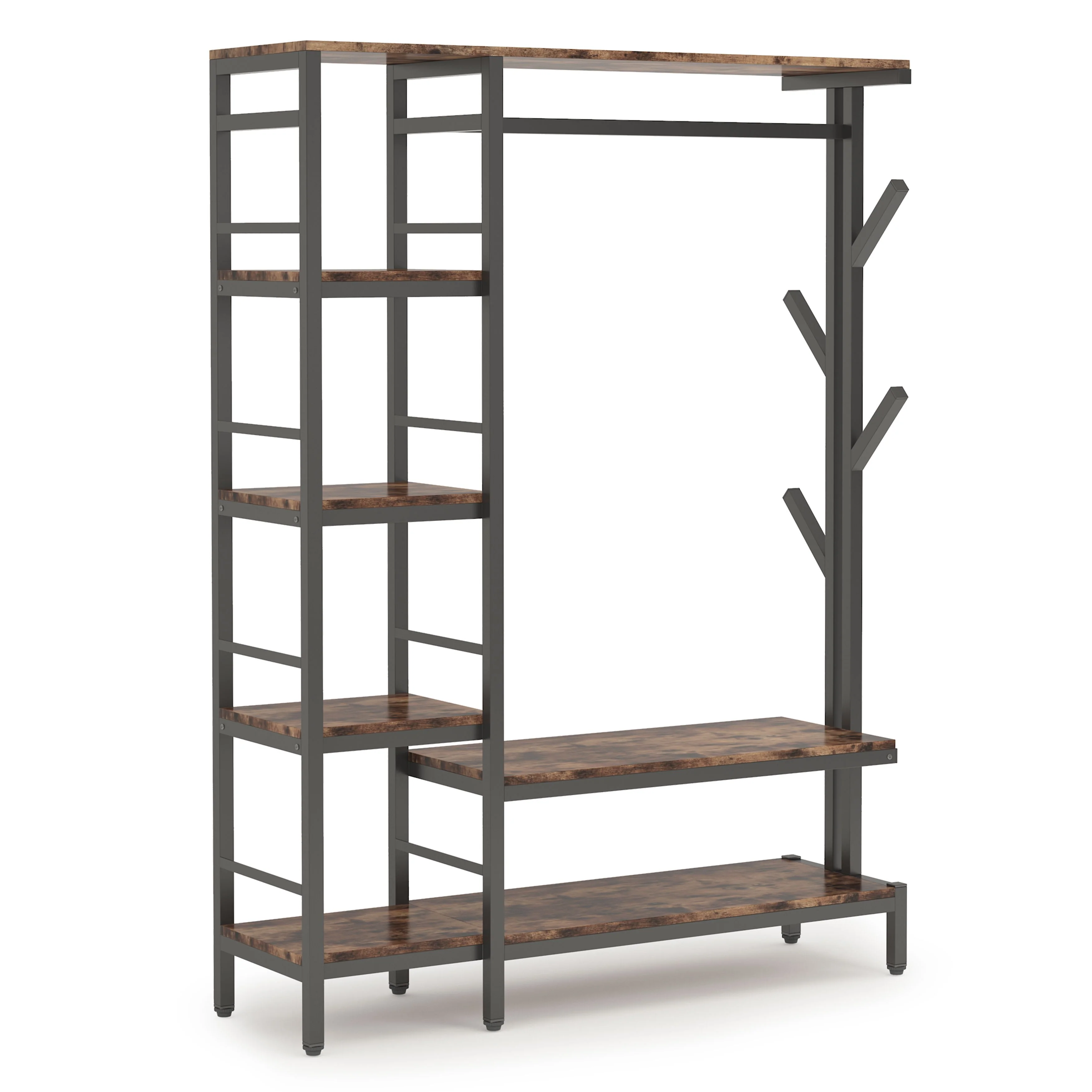 Free-standing Closet Organizer with Hooks, Garment Rack, Coat Rack with Shoe Bench