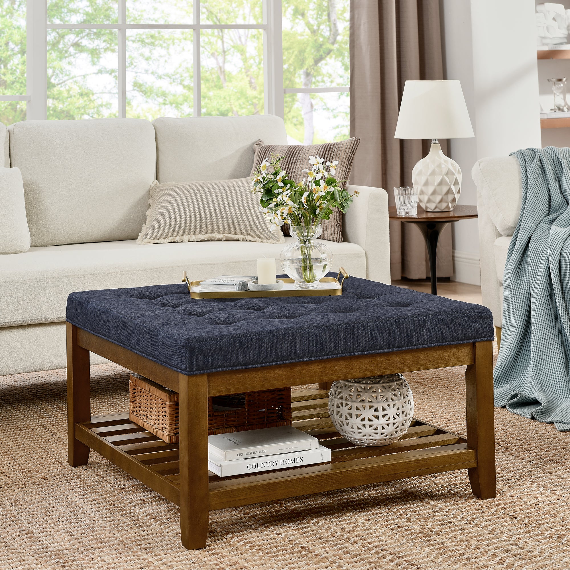 Upholstered Square Coffee Table with Shelf and Tufted Top