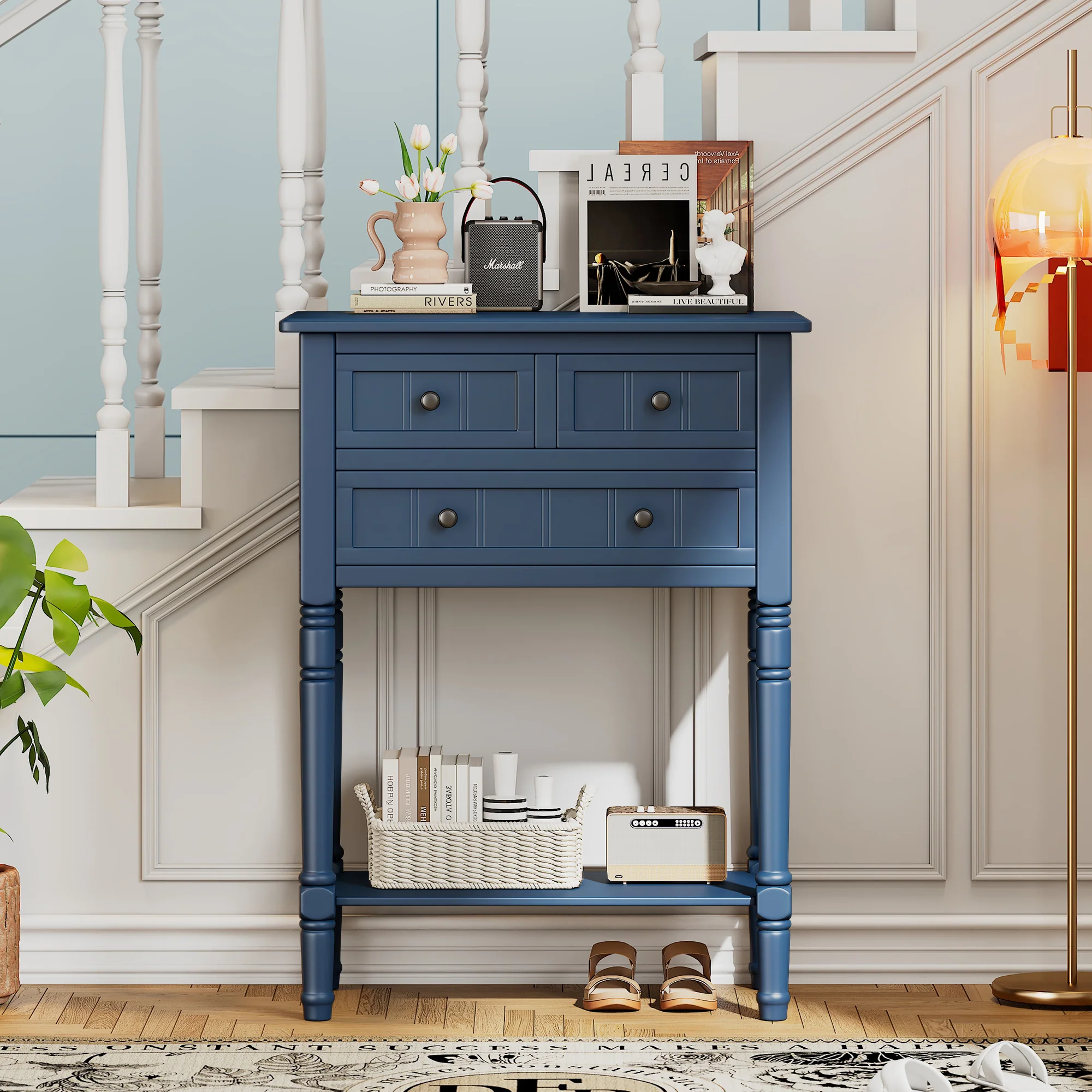 Conquest Narrow Console Table with 3 Drawers and Bottom Shelf