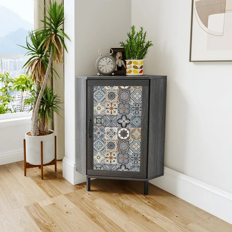 Mixoy Corner Storage Cabinet with Shelves,Small Floor Freestanding Narrow Cabinet Organizer with Blue Floral Patterns Door - N/A