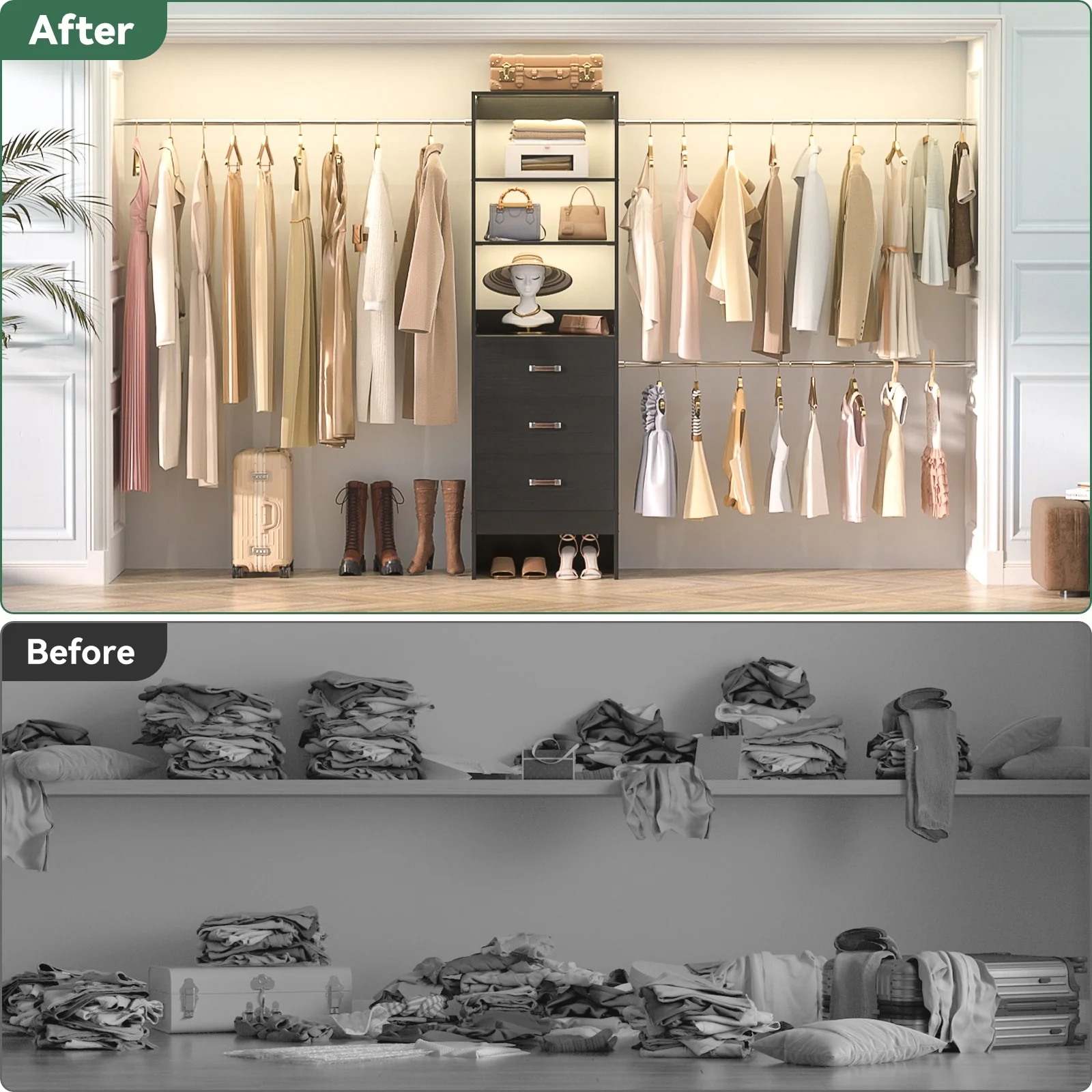 20.5-96'' W Closet Organizer System with Extendable Hanging Rods and Drawers and Tower Shelves