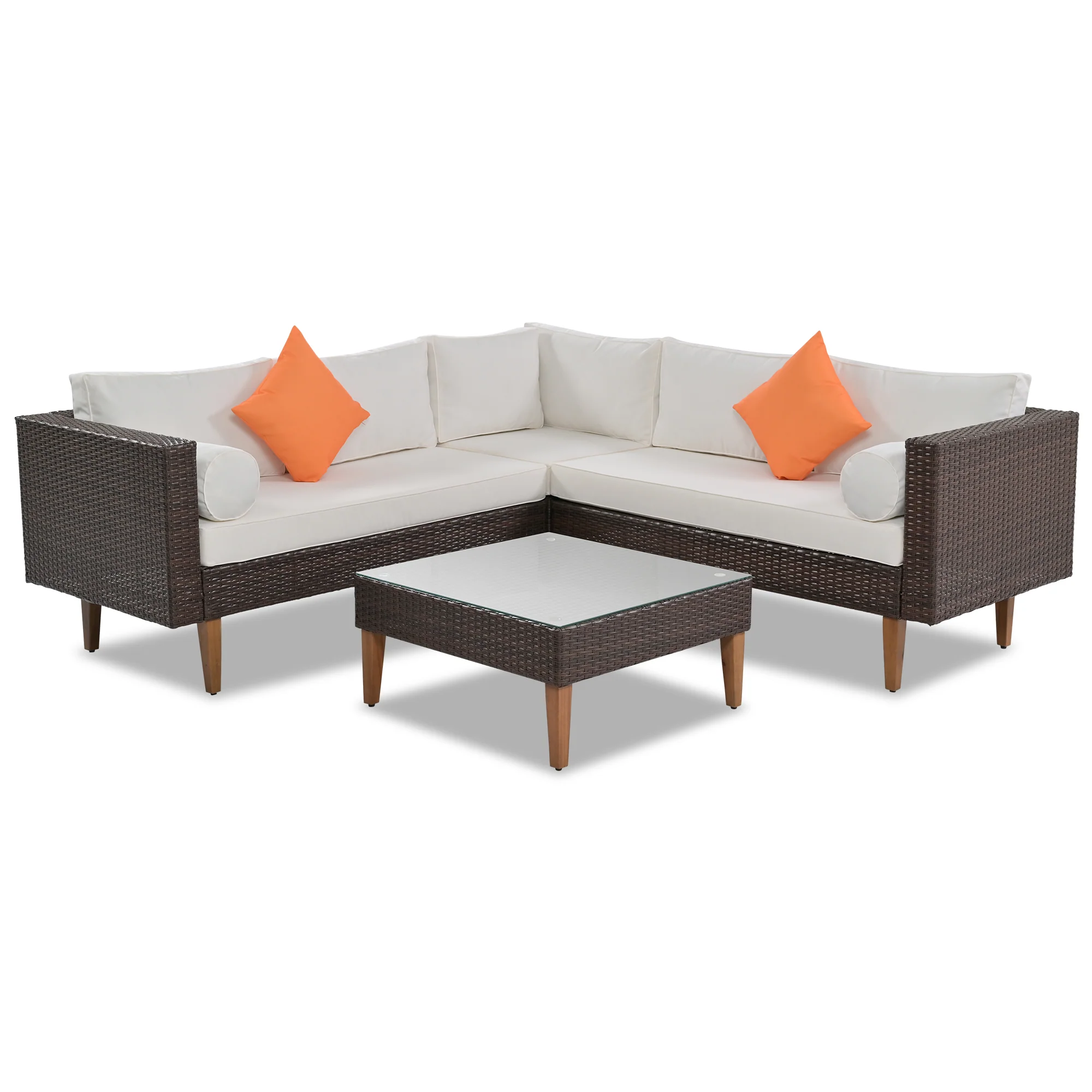 4-Piece Outdoor L-Shaped Sectional Set with Decorative Pillows and Removable Cushions