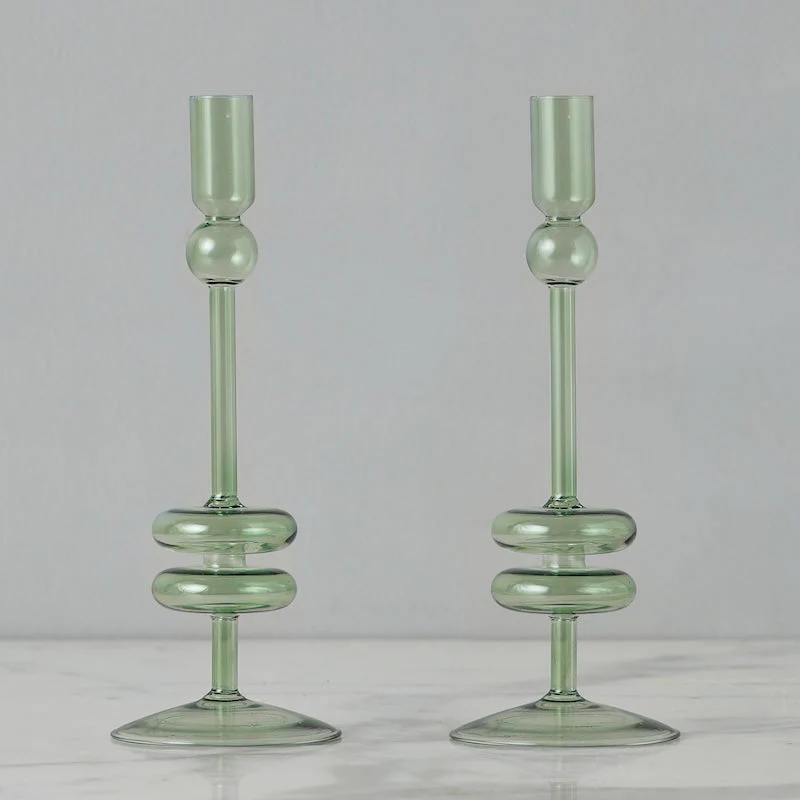 Sage Glass Candlestick, Pair