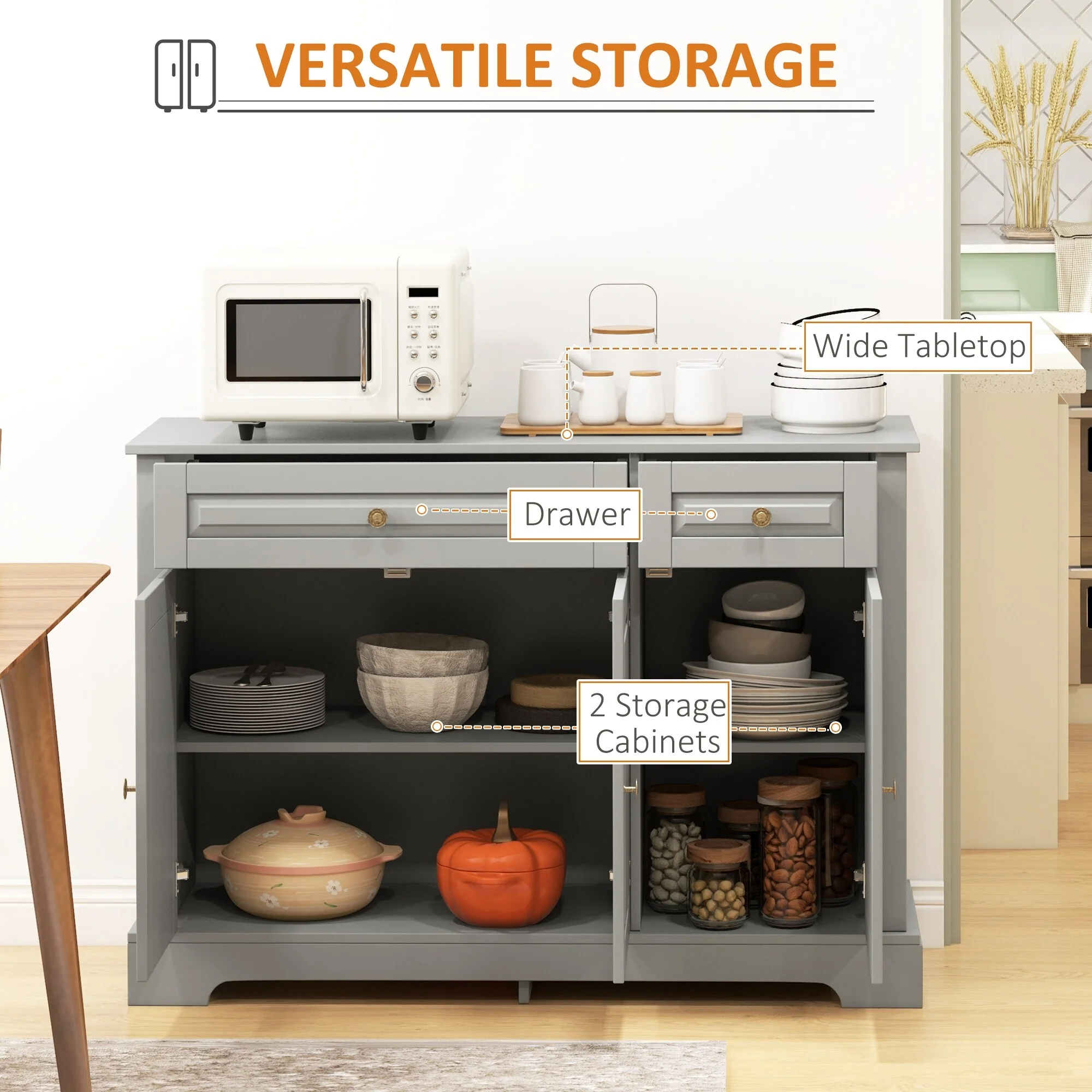 HOMCOM Sideboard Buffet Cabinet, Modern Kitchen Cabinet with 2 Drawers and Adjustable Shelves, Coffee Bar Cabinet, Gray