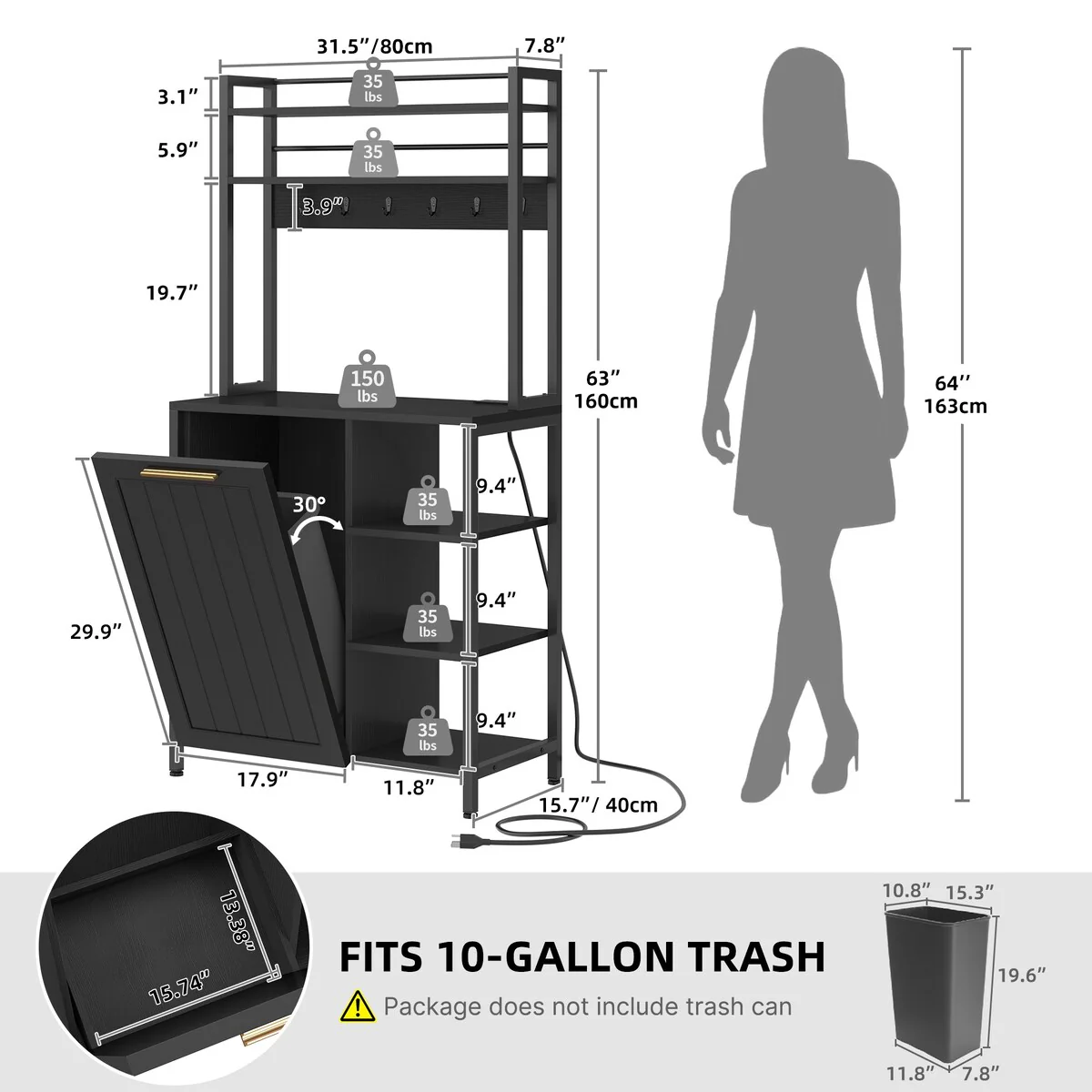 Moasis 6 Tier Kitchen Bakers Rack with Storage Shelves, Kitchen Organizer with Trash Can Bin Cabinet