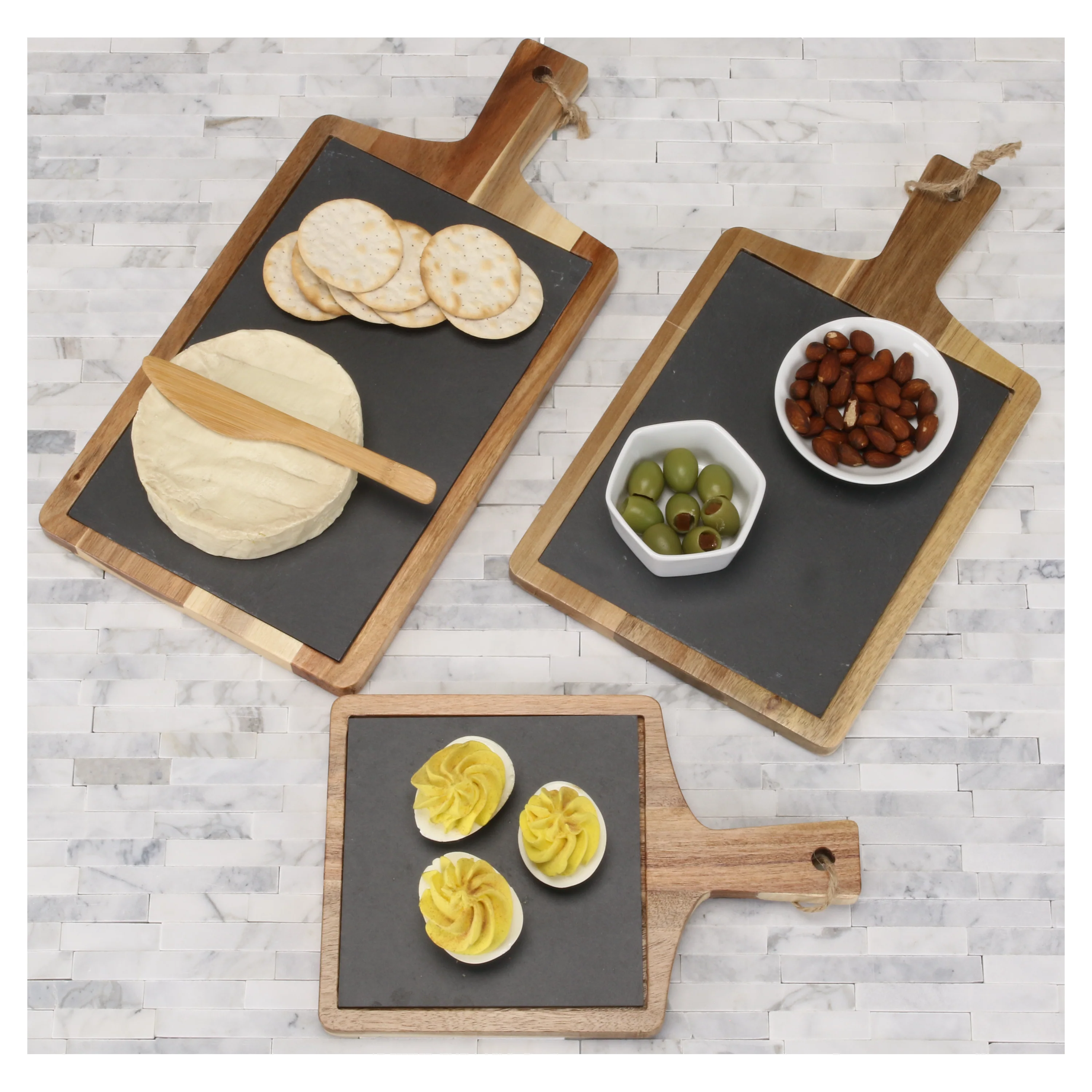 Rectangular Set of 3 Slate and Wood Serving Boards