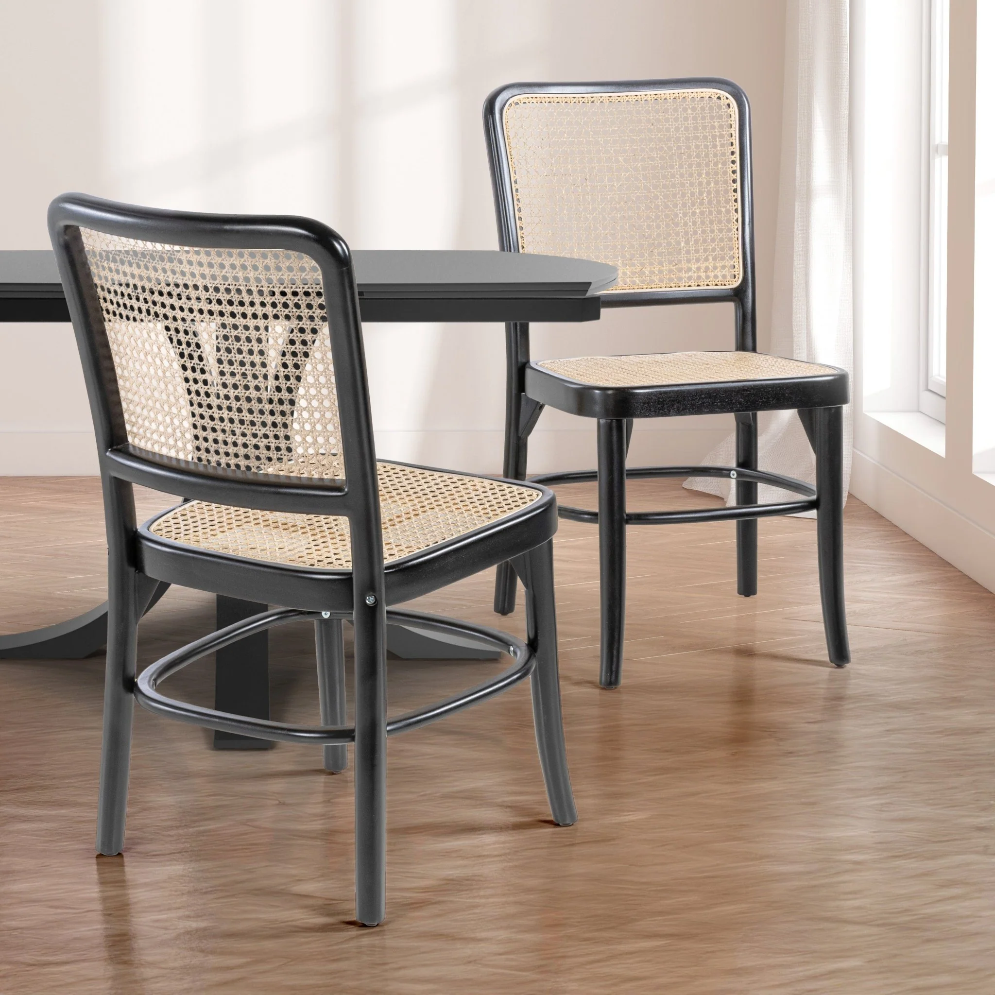 Colmar Mid-Century Vintage Wood Rattan Dining Chair, Black/Natural (Set of 2)