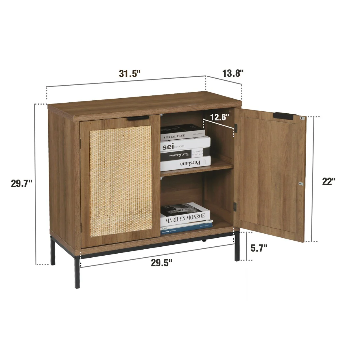 Anmytek Mid-Century Modern Rattan Accent Storage Cabinet Wood Sideboard Buffet with 2 Doors
