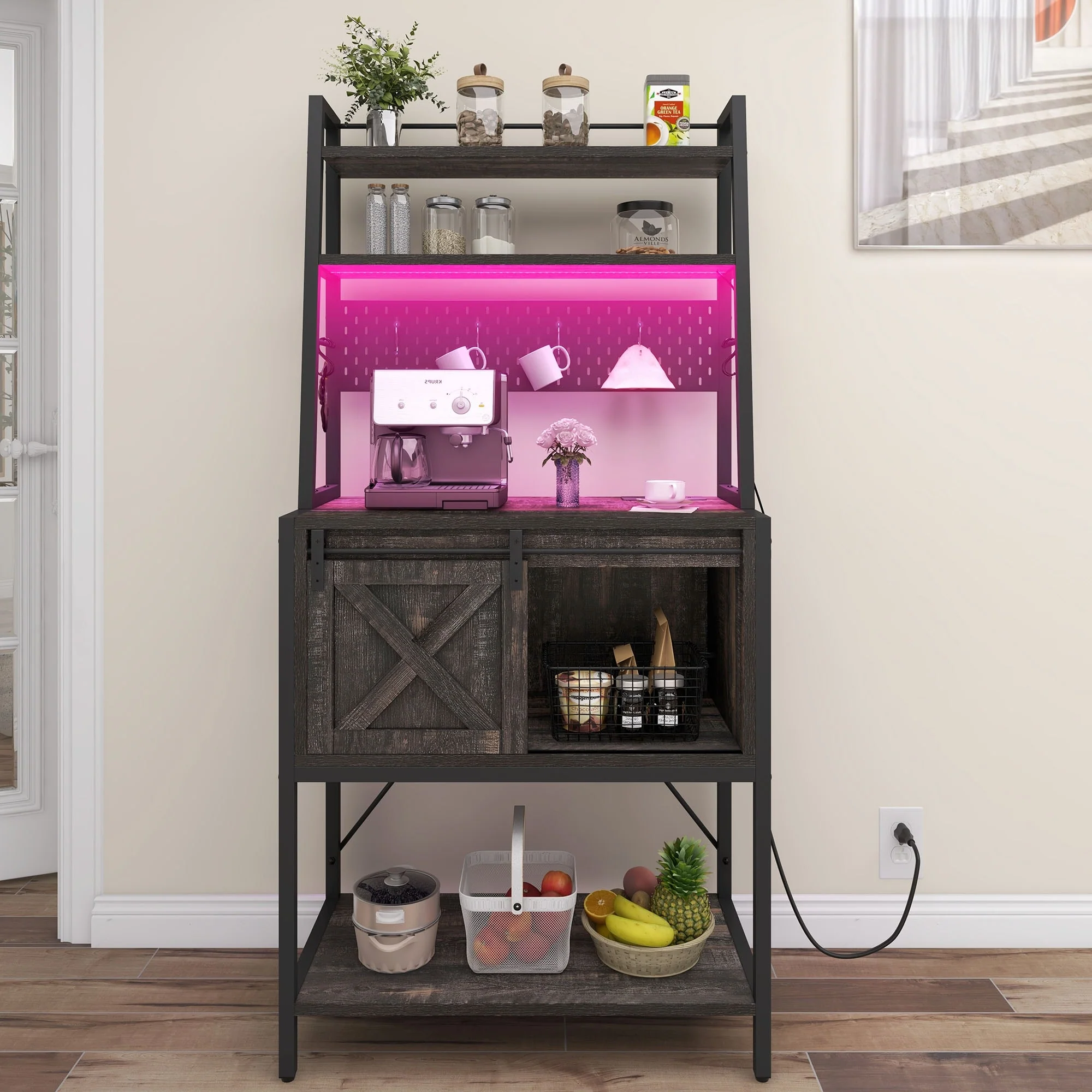 Moasis 5 Tier Kitchen LED Bakers Rack with Sliding Storage and Shelves Bar Table with Power Outlet