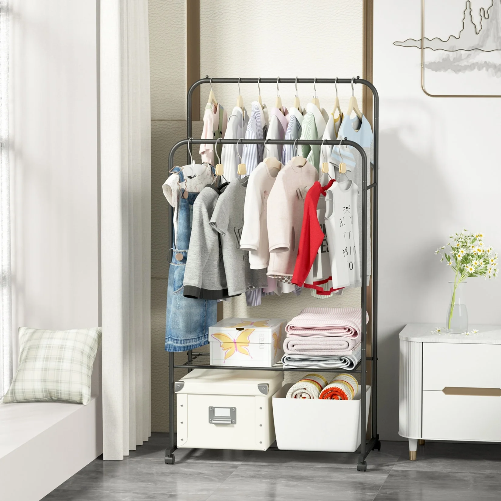 Metal Double Rail Clothes Stand on Wheels