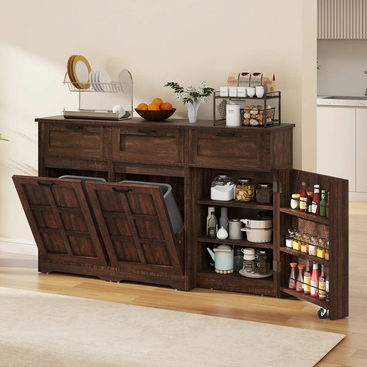 Kitchen Island With Double Tilt Out Trash Can Cabinet