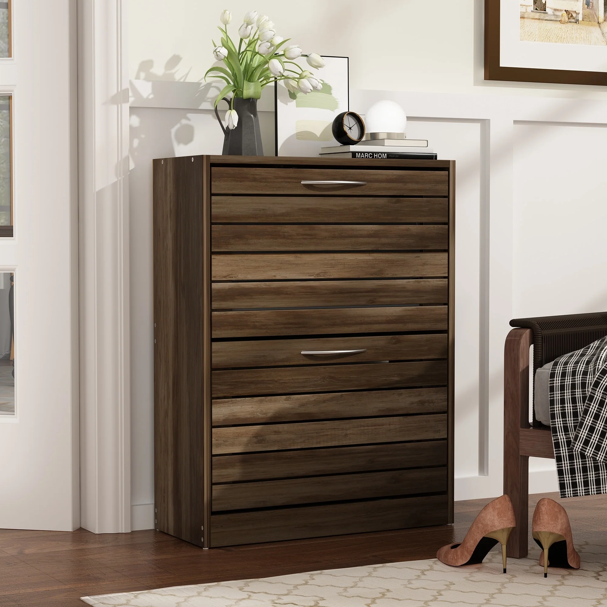Shoe Storage Cabinet Two Drawer Space Saving Grey/Oak/White Dresser