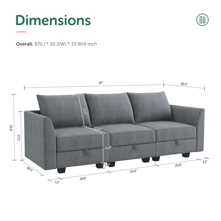 3-Seater Modular Sectional Sofa Couch With Storage Seats