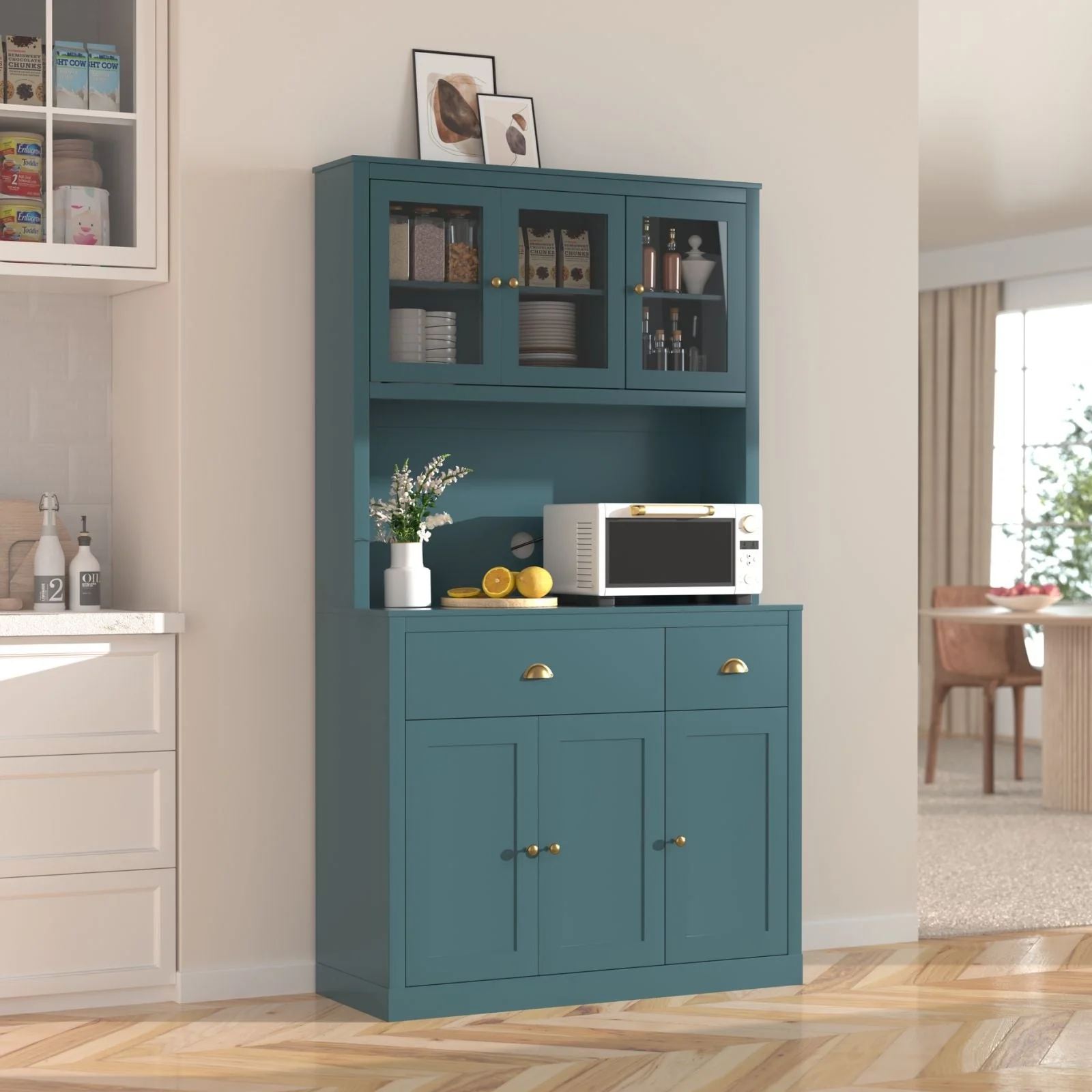 VEIKOUS Kitchen Pantry Storage Cabinet Cupboard with Framed Glass Door and Drawer