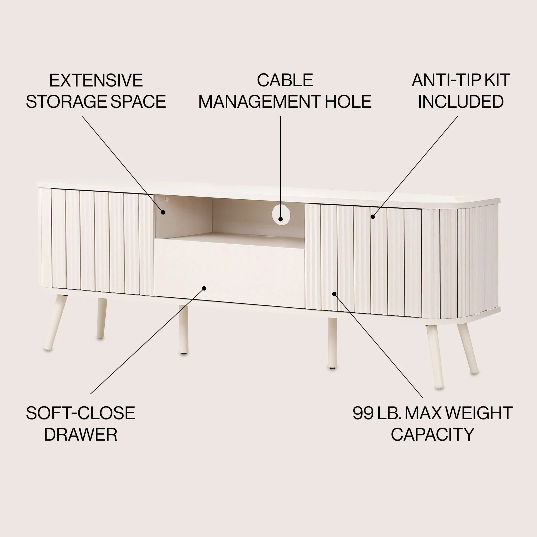 Damien Farmhouse Curved TV Stand with Drawer and Storage Doors Fits TVs up to 75 in. with Cable Management