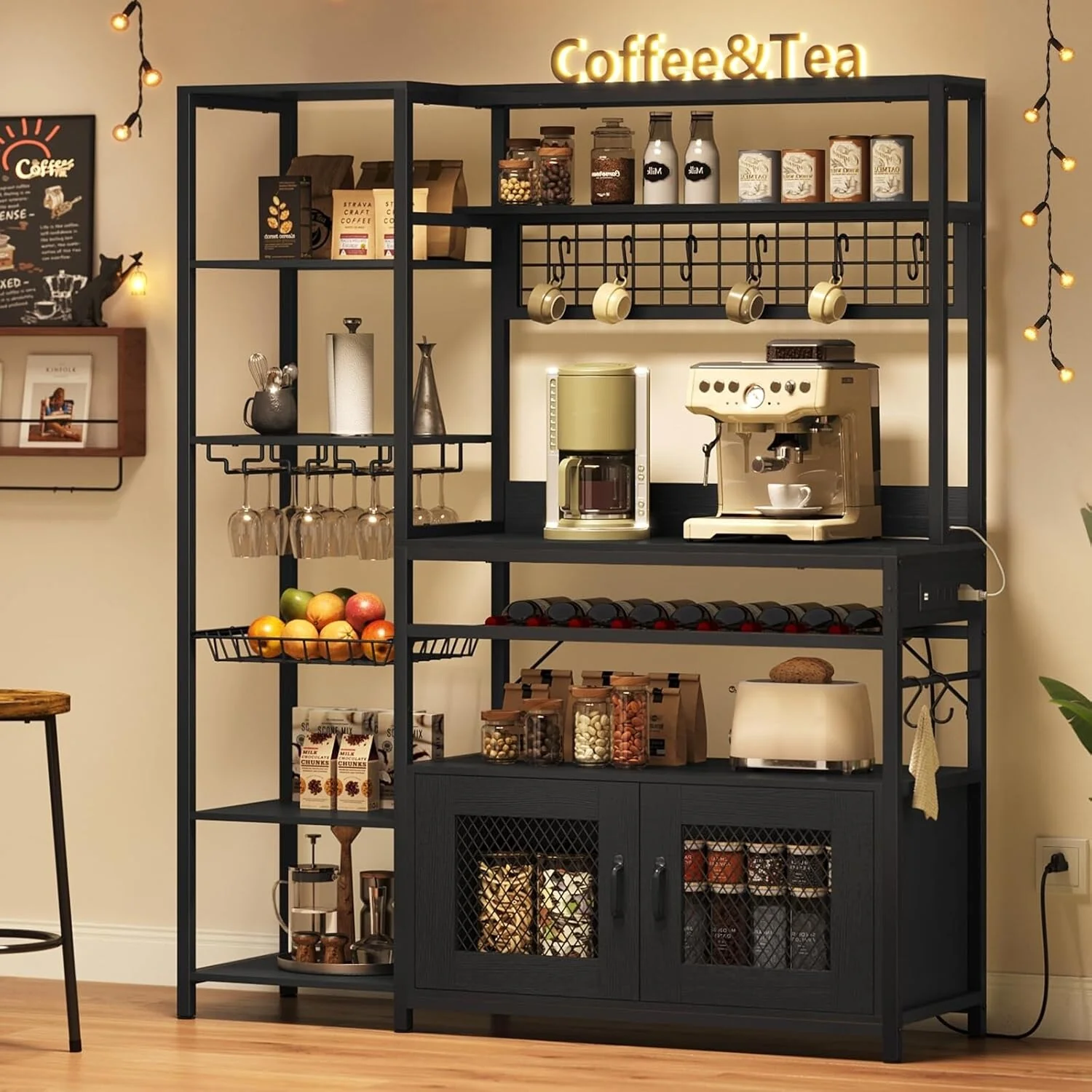 47.2 in Bakers Rack with Power Outlet Coffee Bar with Cabinet