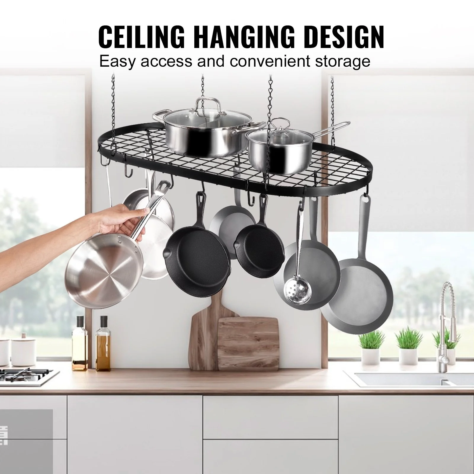 Black Carbon Steel Ceiling Mounted Hanging Pot Rack with S Shaped Hooks Ideal for Home or Restaurant