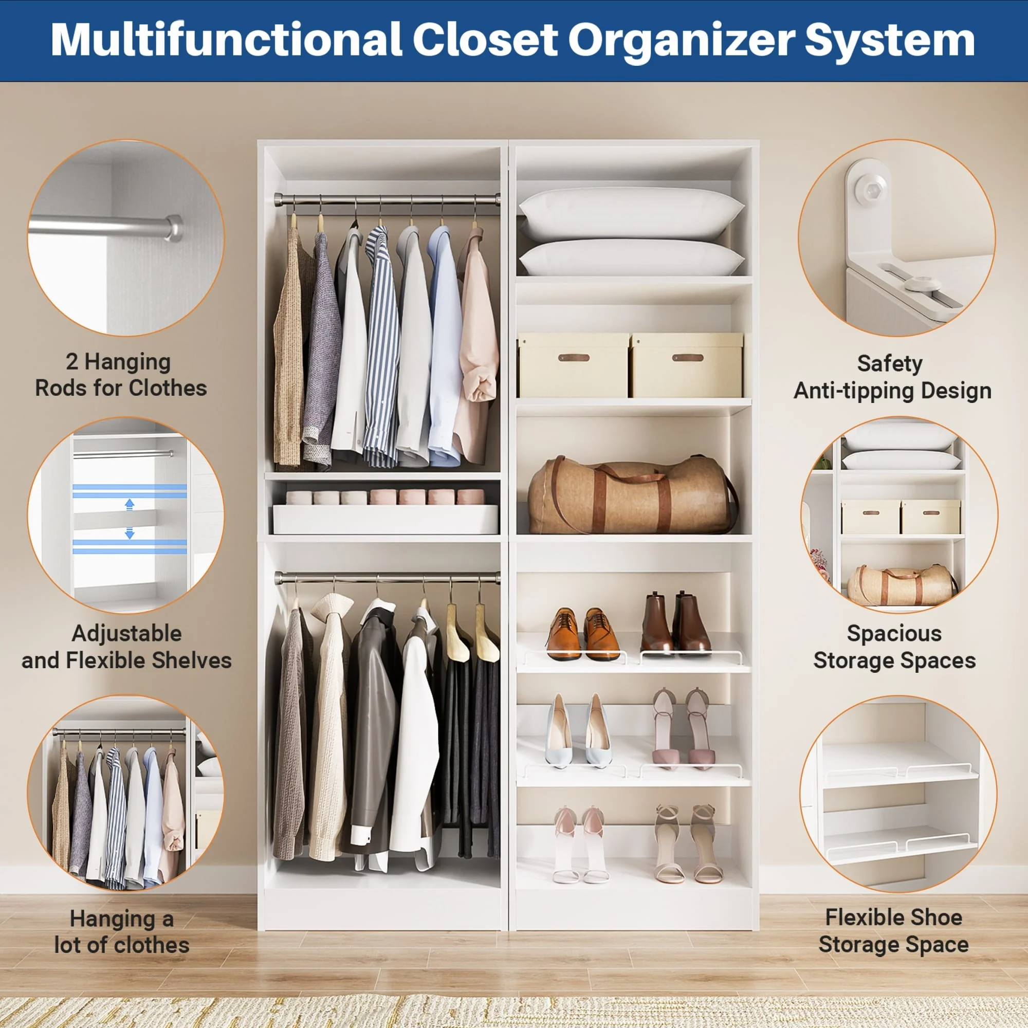 Cimly Set of 2 Freestanding Closet System with Shoe Racks and Hanging Rods for Reach-in/ Walk-in Closet