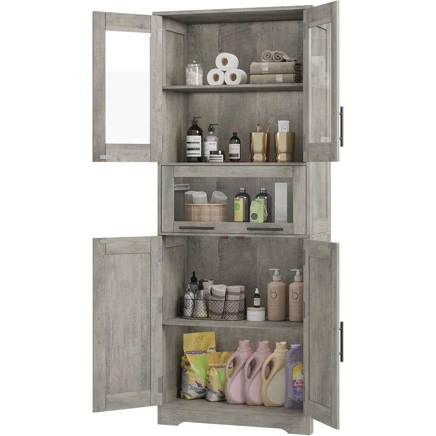 Tall Bathroom Cabinet, Linen Storage Cabinet with Doors and Adjustable Shelves and Drawer