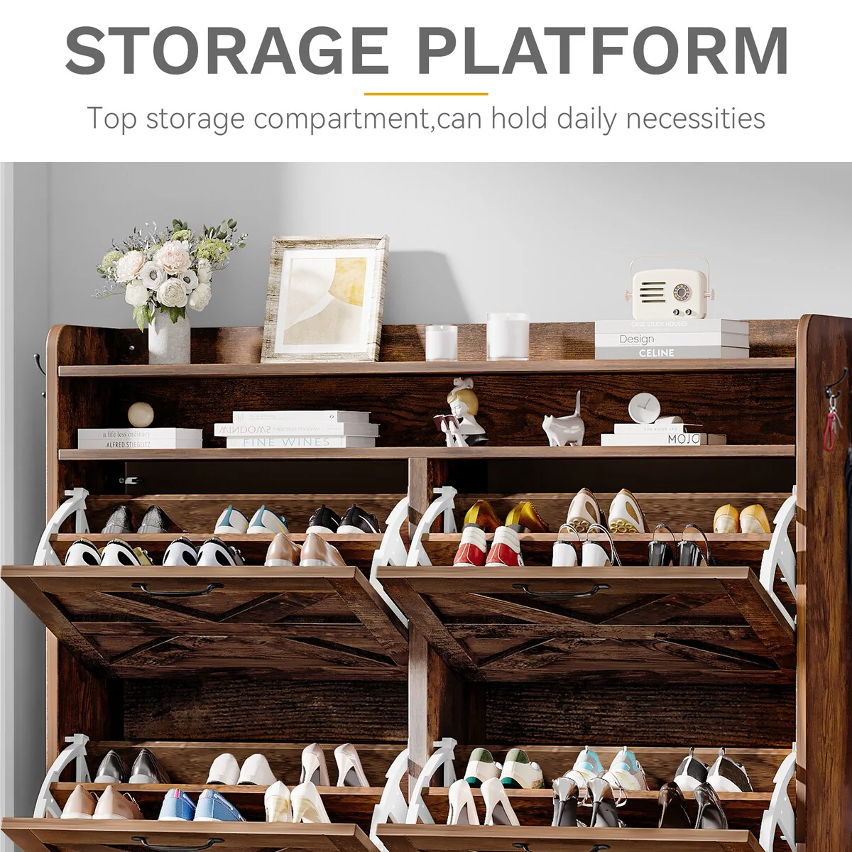 Moasis Farmhouse Flip Shoe Cabinet Shoe Storage Cabinet with 4 Flip Doors Adjustable Shelf - 47.2