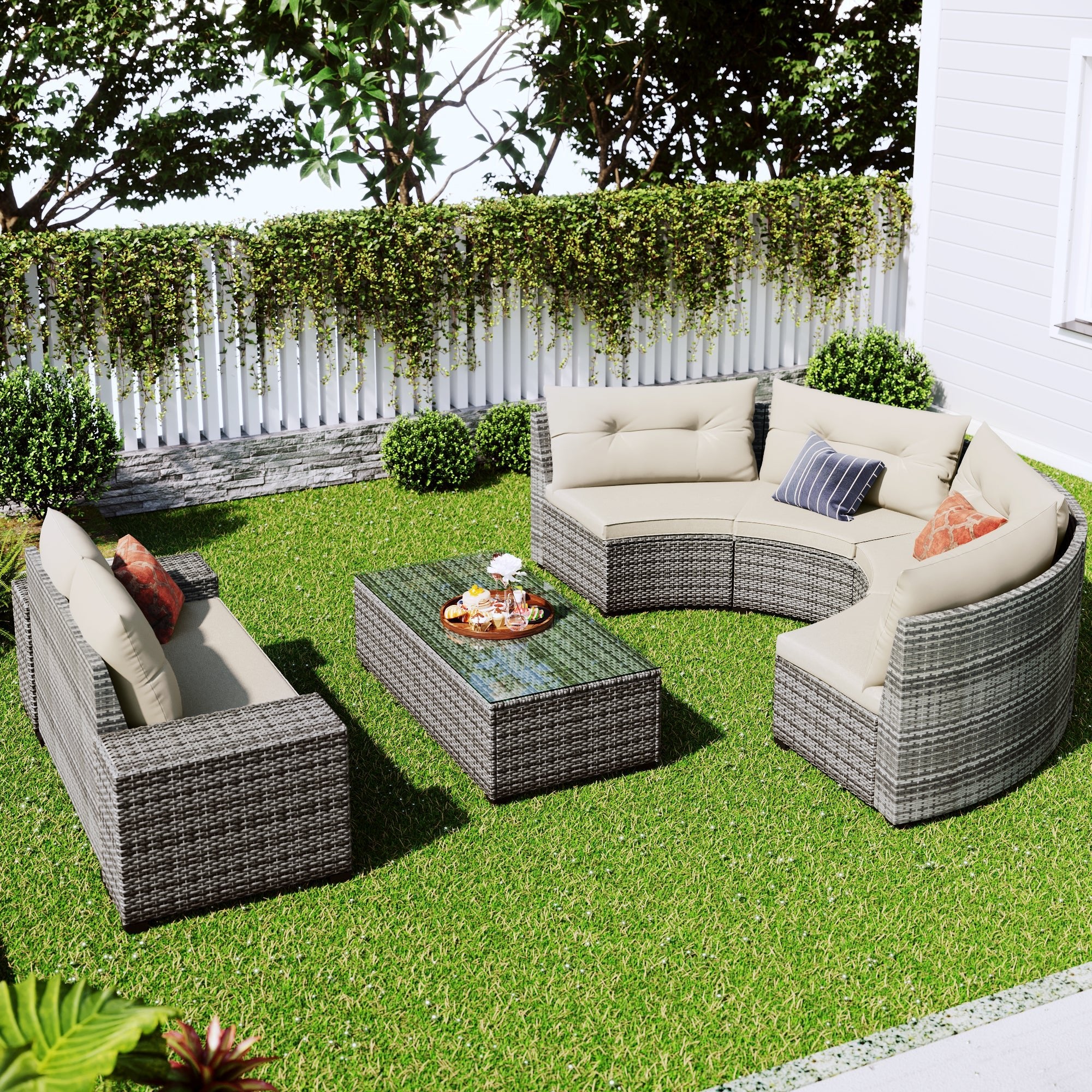 8-Piece Outdoor Wicker Round Sofa Set with Rectangular Coffee Table