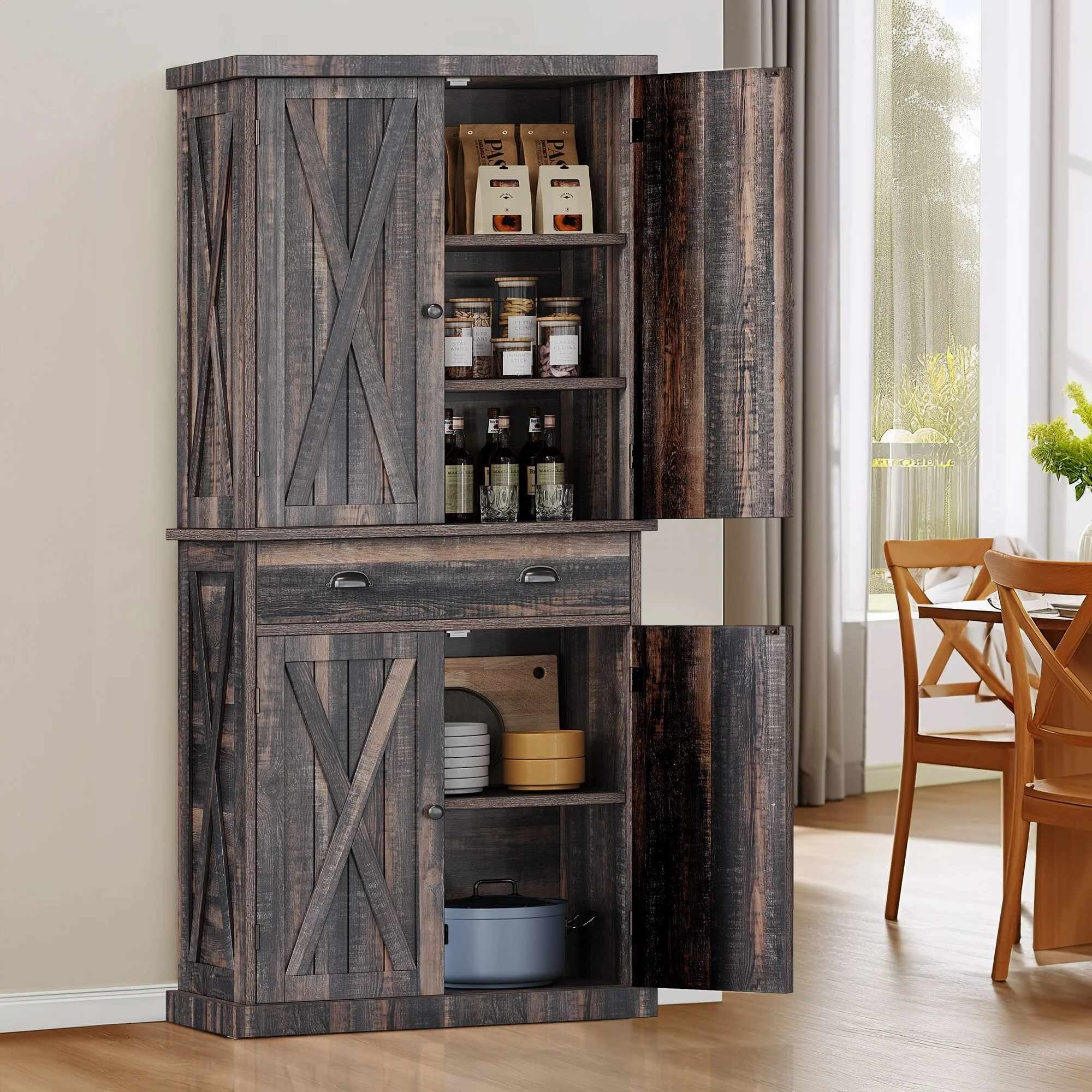 Moasis Farmhouse Traditional Freestanding Kitchen Pantry Storage Cabinet Cupboard