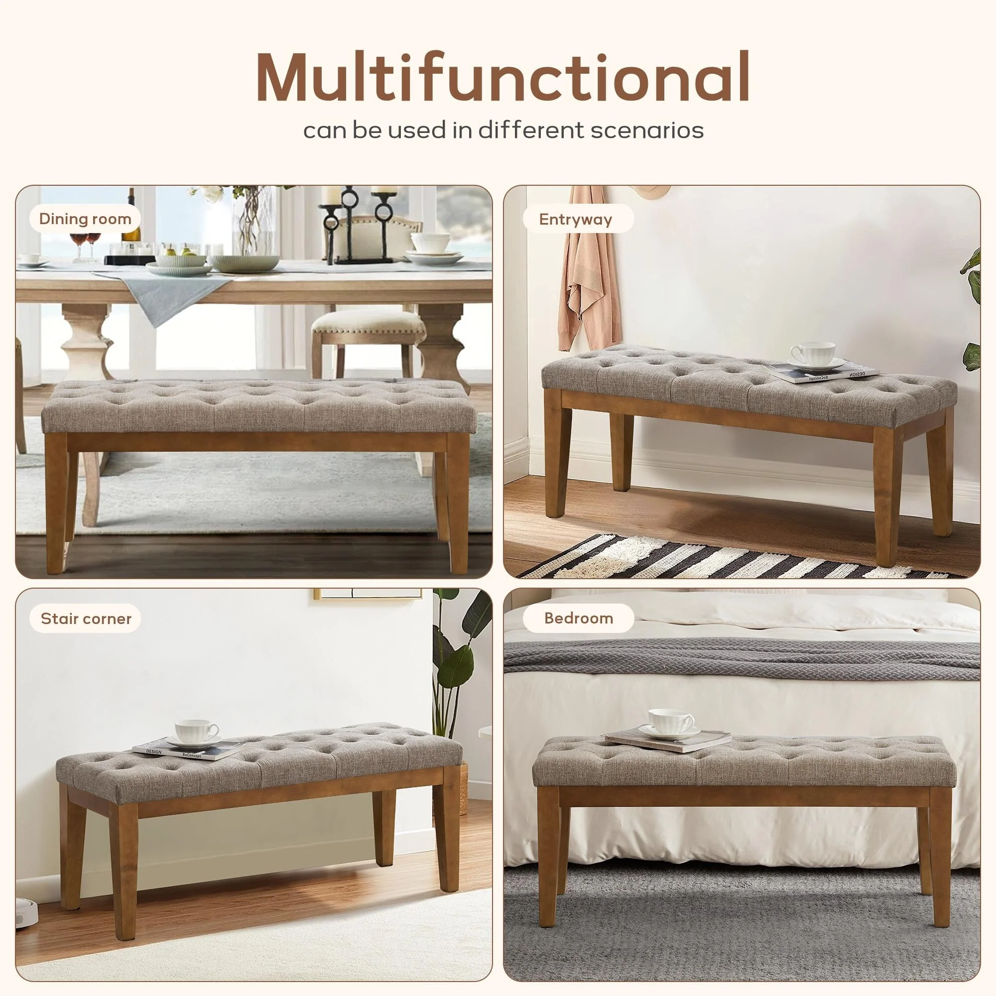 Button-Tufted Bench for End of Bed, Entryway Bench Beige/ Black/ Brown Solid Wood, Leather, Fabric 44-inch