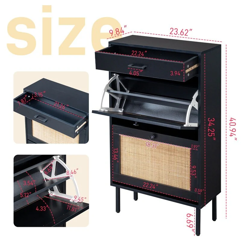 Real Rattan Shoe Cabinet with 2 Flip Drawers & 1 Small Drawer