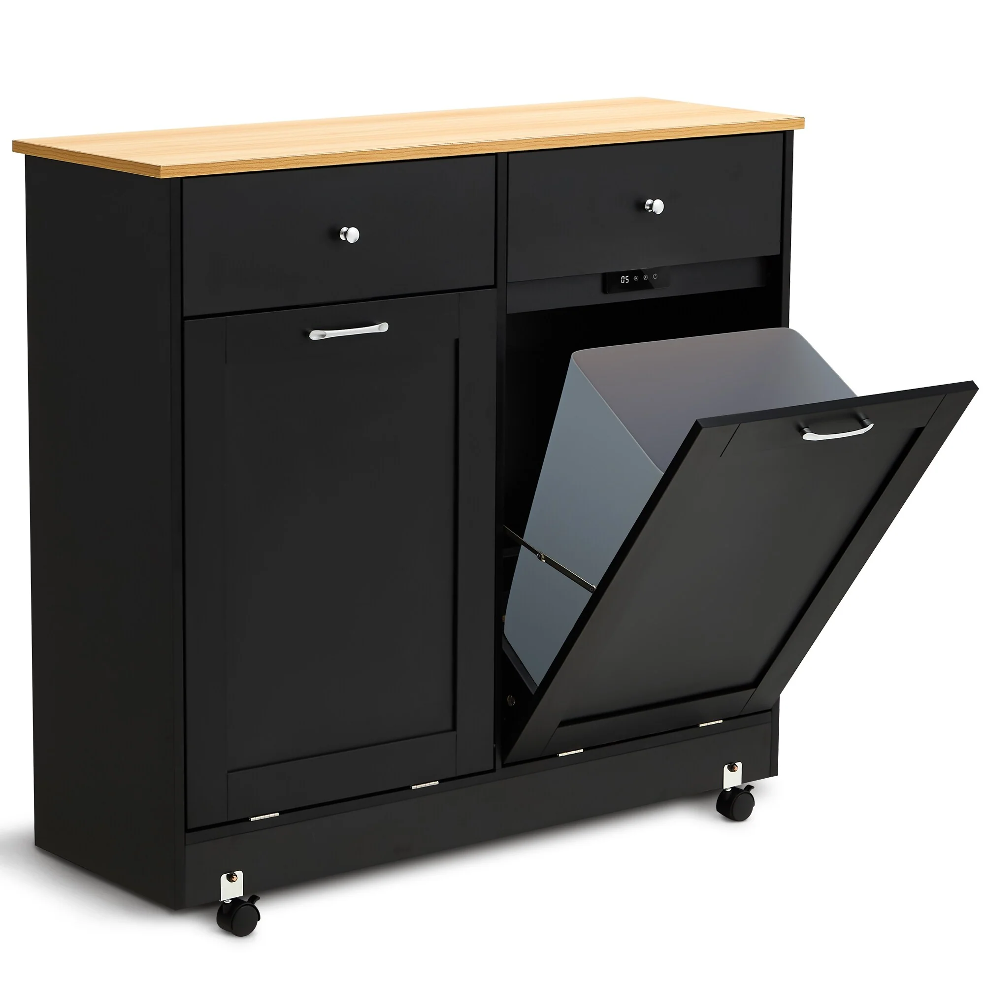 Erommy Tilt Out Trash Cabinet, Wooden Kitchen Trash Can Free Standing Waste Bin, Recycling Hideaway Garbage Can Holder