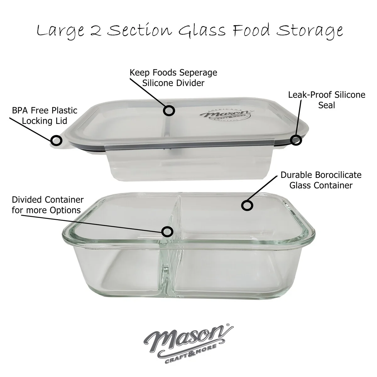 Mason Craft & More 33oz Rectangular 2.5 Section Glass Food Storage with Gray Gasket - Set of 6